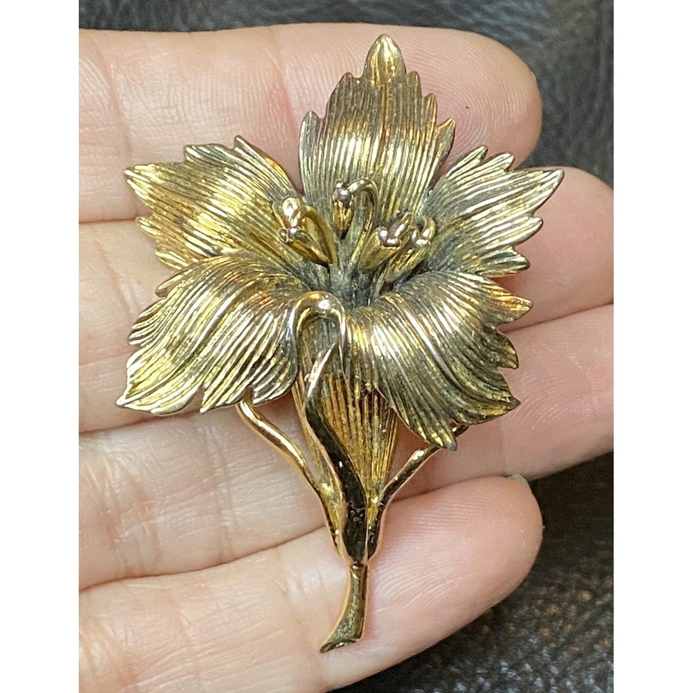 Vintage Napier Sterling Silver 925 Flower Brooch Pin Gold Plated 2.5"H Orchid